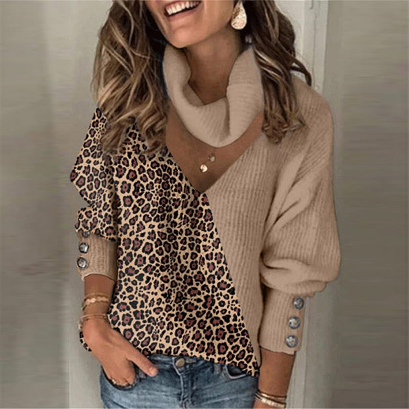 Leopard Patchwork Turtleneck Sweater